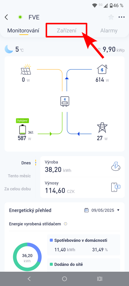Domácí obrazovka aplikace SEMS+