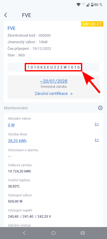 Informace o střídači v aplikaci SEMS+