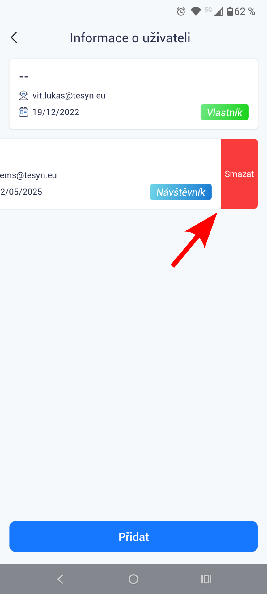 Kliknutí na účet služby SOWA