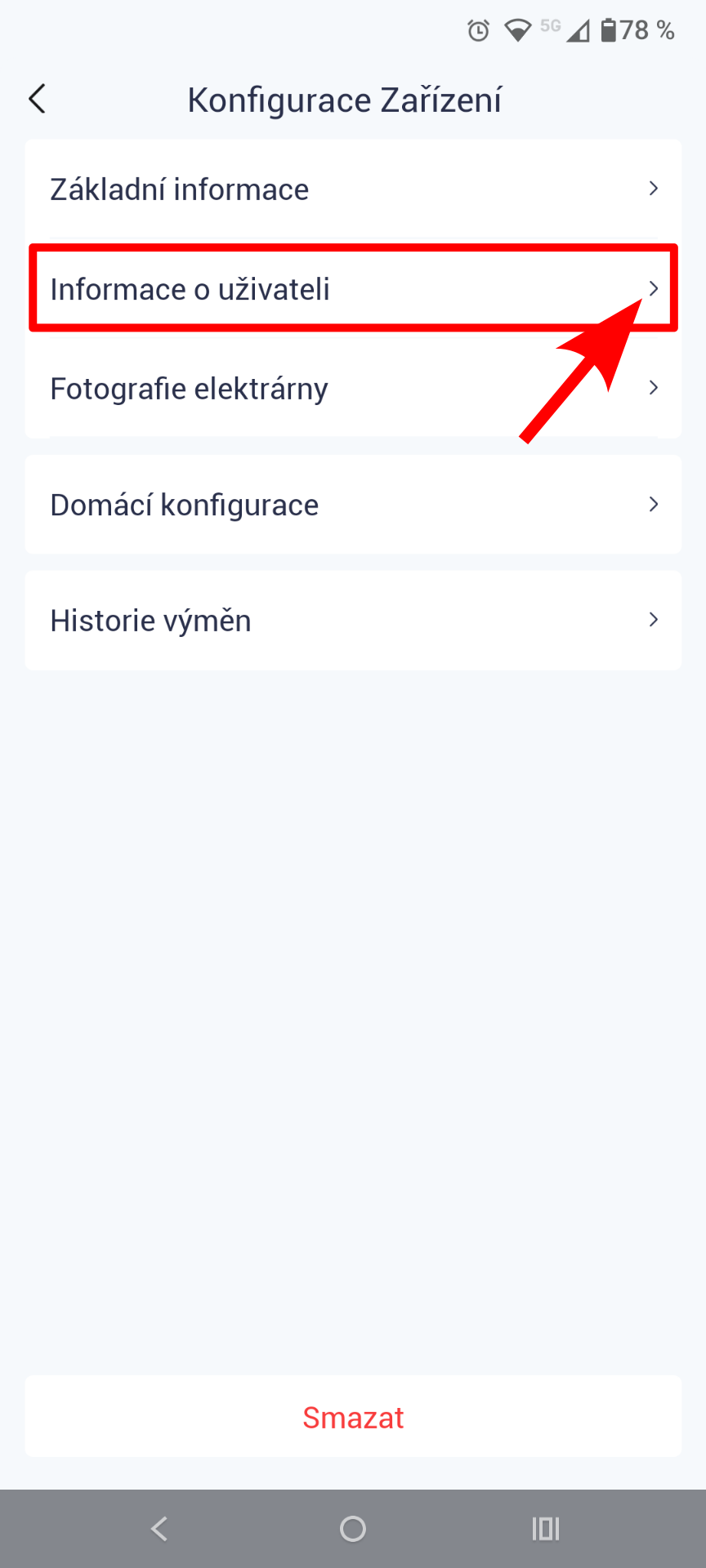Menu aplikace SEMS+ s položkou informace o uživateli