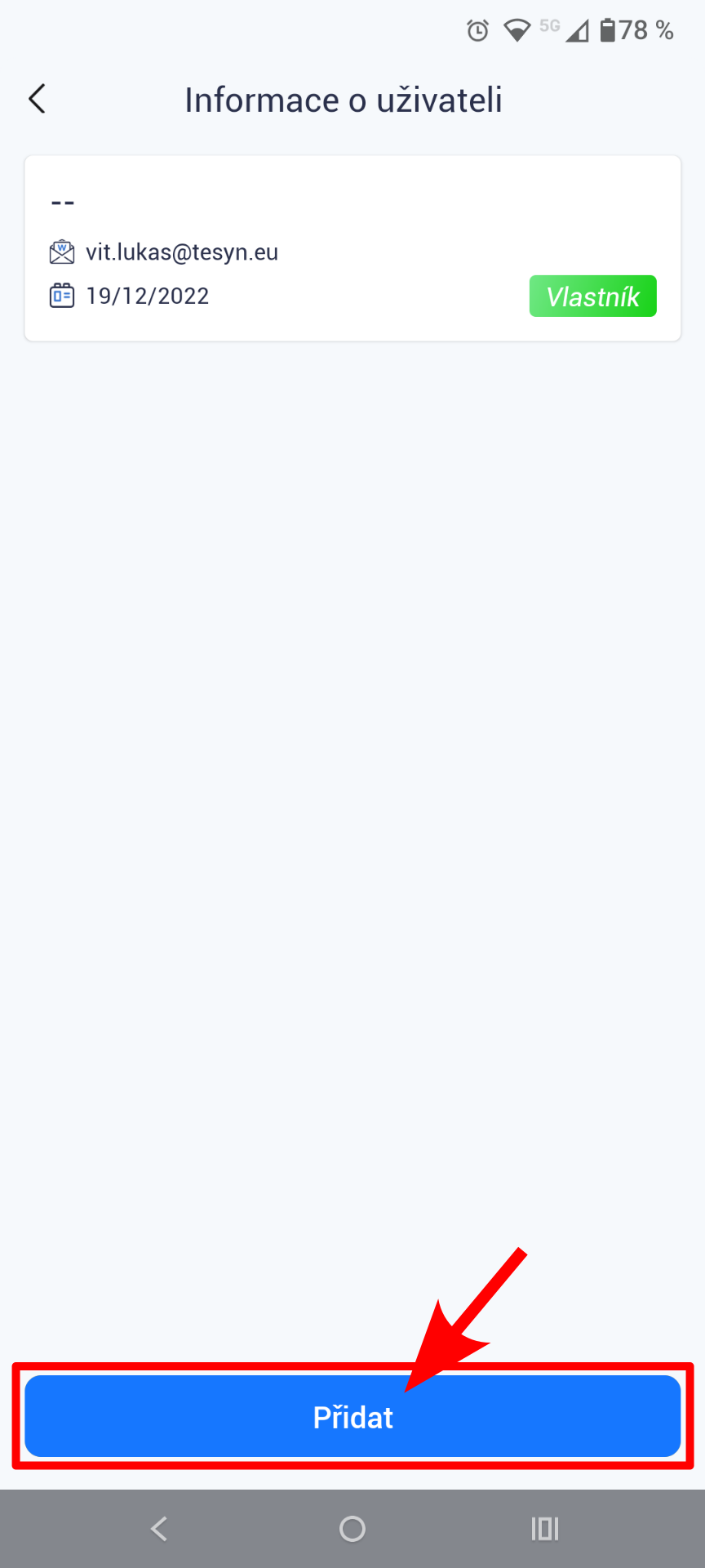 Seznam uživatelů s tlačítkem Přidat