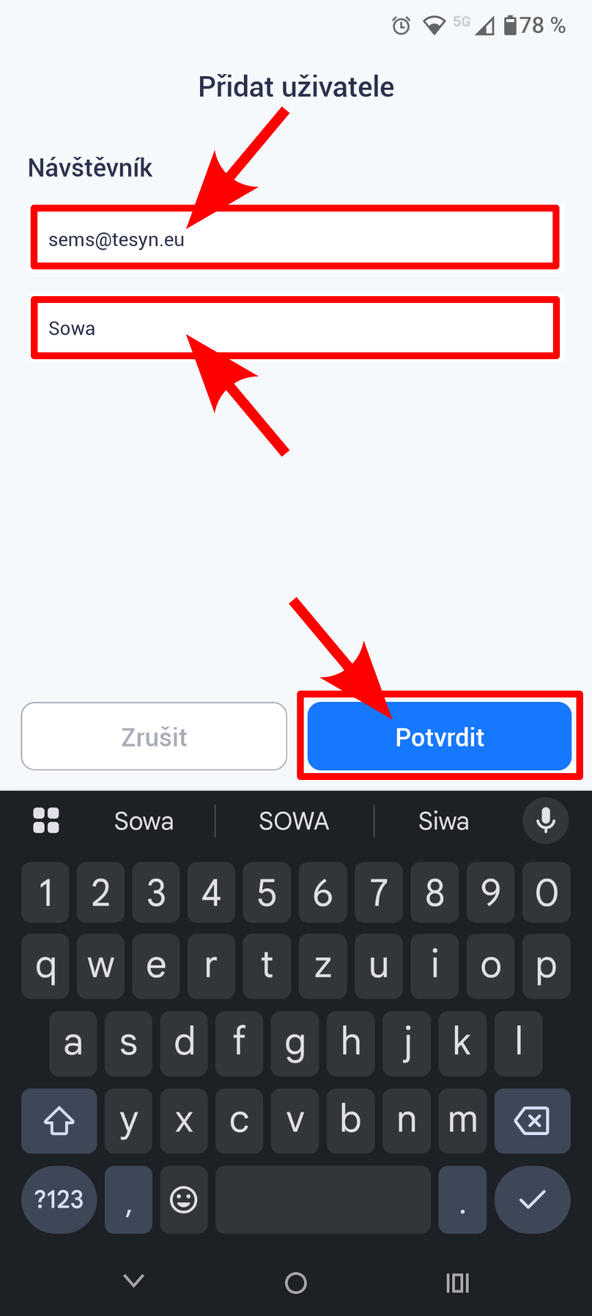 Zadání e-mailu a názvu služby