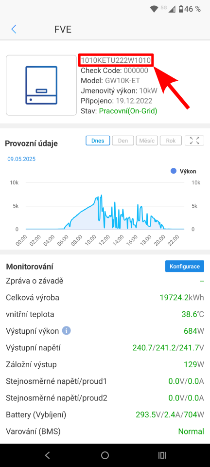 Informace o střídači v aplikaci SEMS Portal